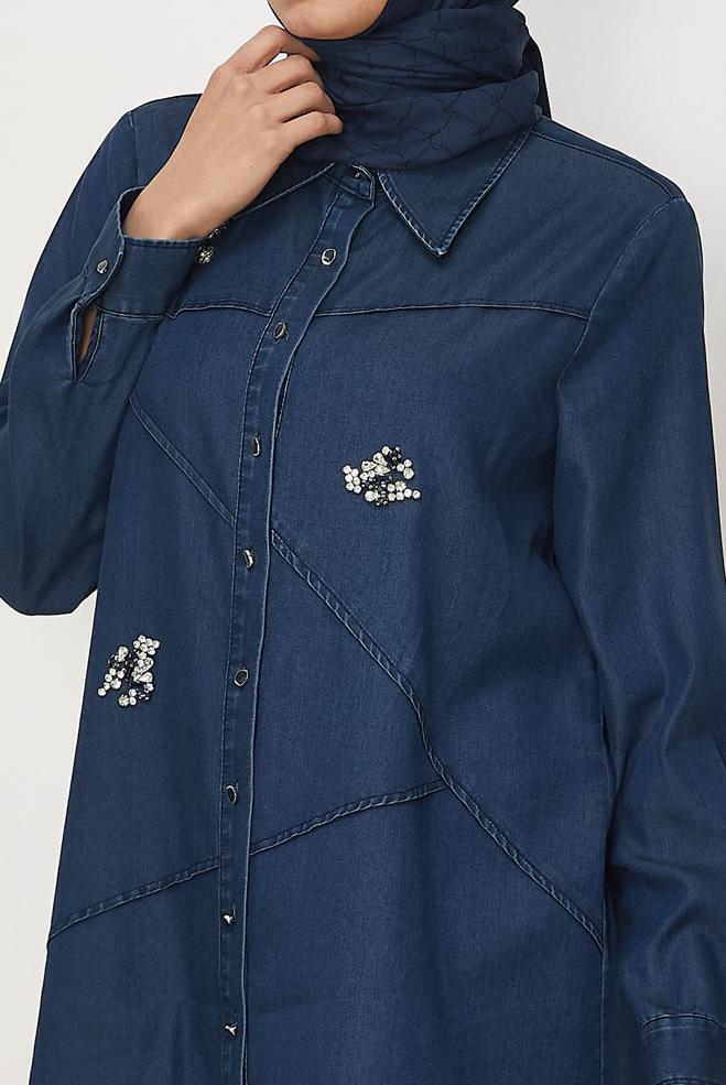 Vêtements hijab BLEU MARINE TUNIQUE EN JEAN À COL CHEMISE 46420 - ALVİNA