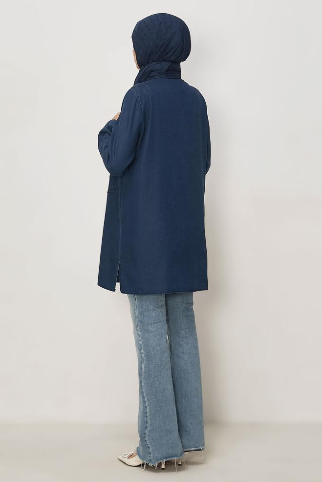 Vêtements hijab BLEU MARINE TUNIQUE EN JEAN À COL CHEMISE 46420 - ALVİNA