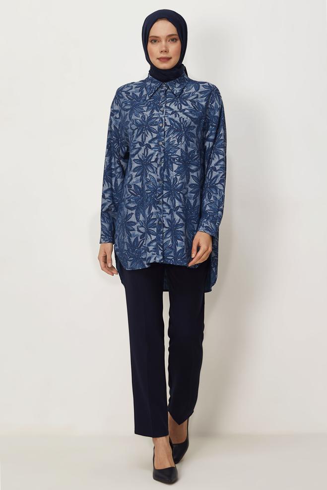 Vêtements hijab BLEU MARINE TUNIQUE EN JEAN DÉTAILLÉE DE GEMMES 46425 - ALVİNA