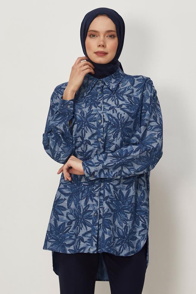 Vêtements hijab BLEU MARINE TUNIQUE EN JEAN DÉTAILLÉE DE GEMMES 46425 - ALVİNA