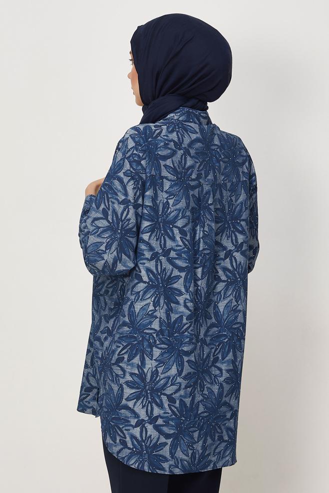 Vêtements hijab BLEU MARINE TUNIQUE EN JEAN DÉTAILLÉE DE GEMMES 46425 - ALVİNA