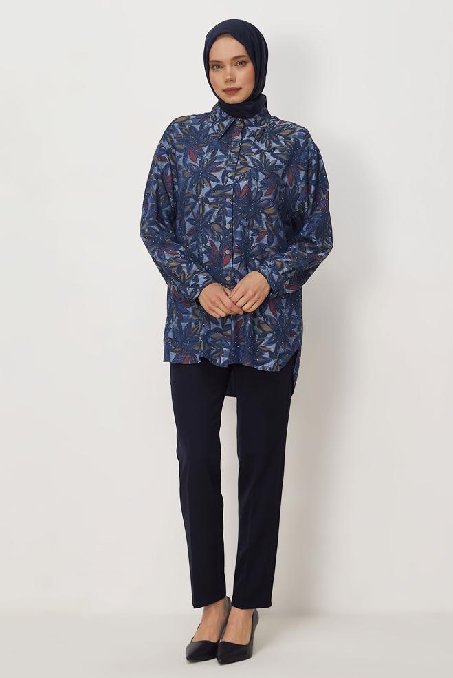 Vêtements hijab BLEU MARINE TUNIQUE EN JEAN DÉTAILLÉE DE GEMMES 46425 - ALVİNA