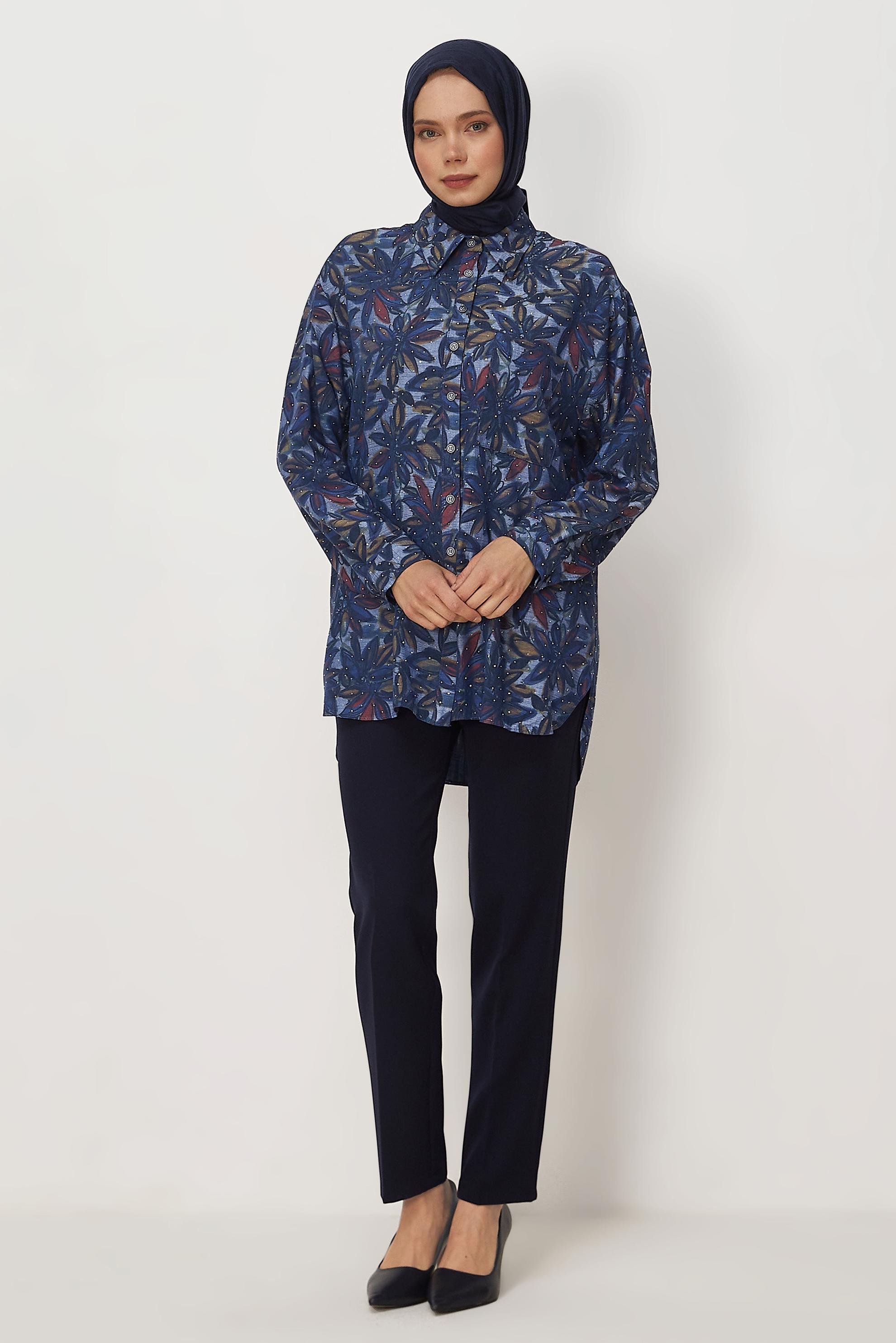 Vêtements hijab BLEU MARINE TUNIQUE EN JEAN DÉTAILLÉE DE GEMMES 46425