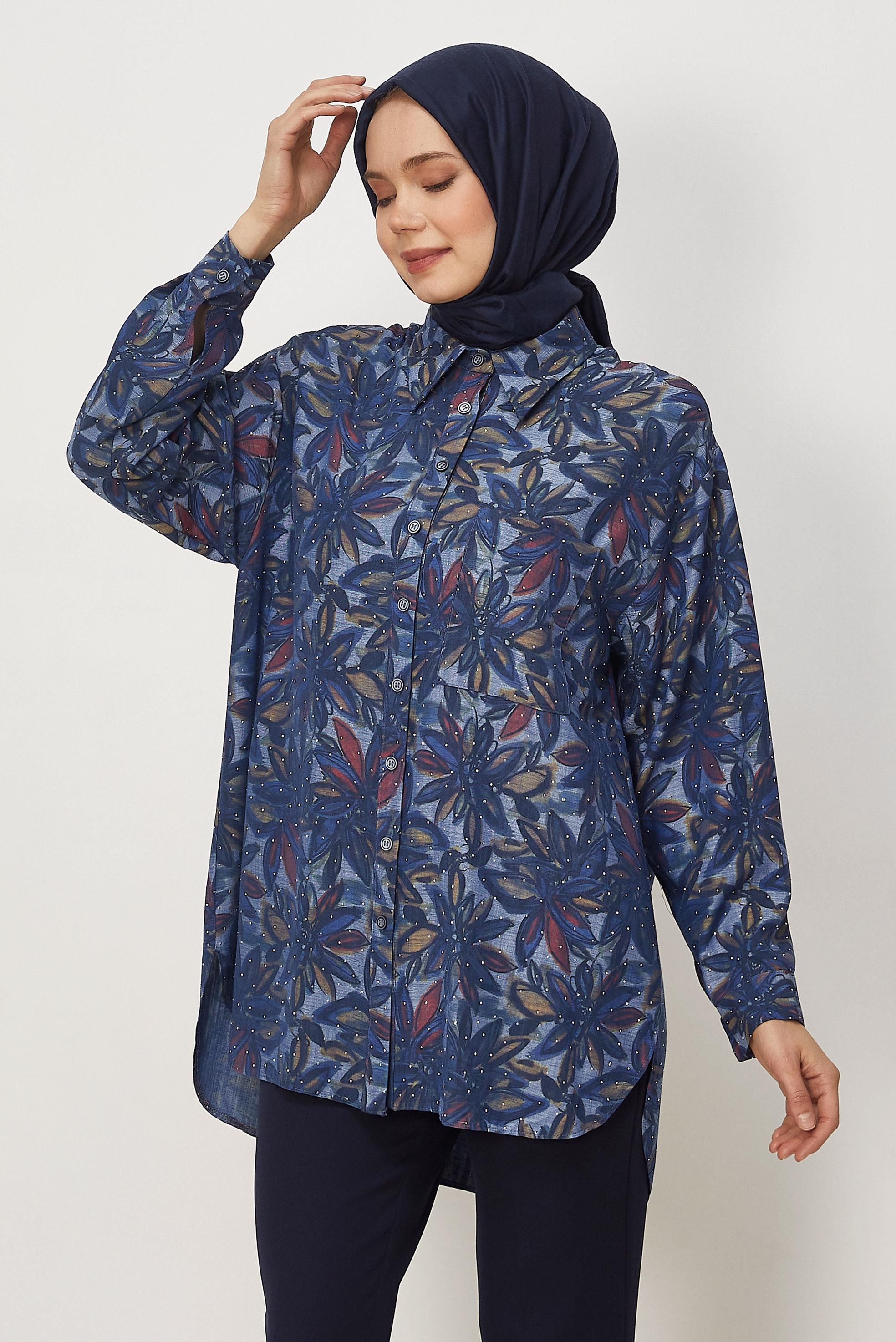 Vêtements hijab BLEU MARINE TUNIQUE EN JEAN DÉTAILLÉE DE GEMMES 46425