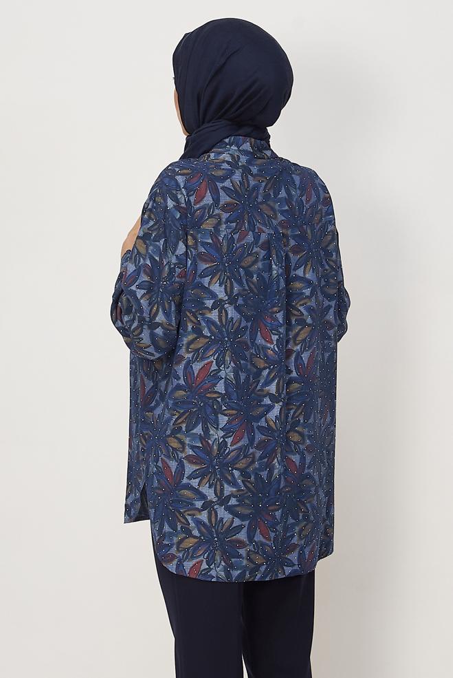 Vêtements hijab BLEU MARINE TUNIQUE EN JEAN DÉTAILLÉE DE GEMMES 46425 - ALVİNA