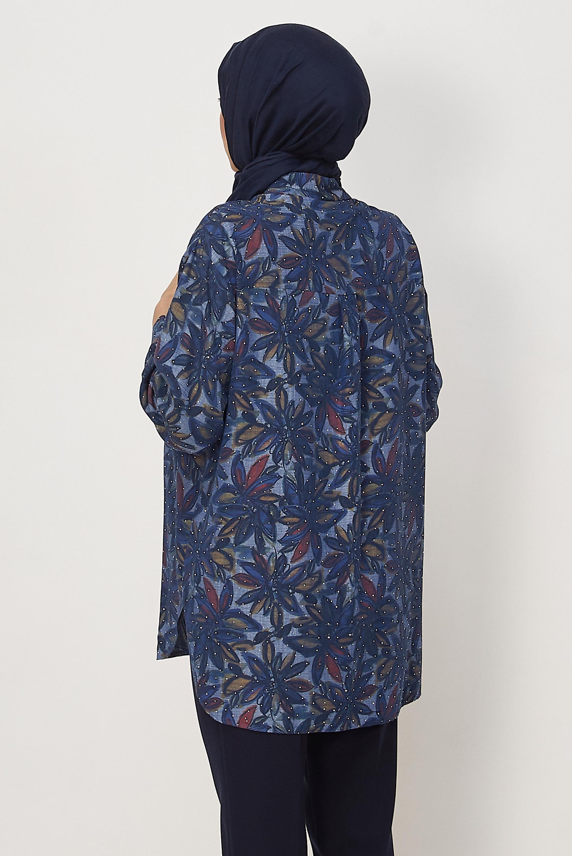 Vêtements hijab BLEU MARINE TUNIQUE EN JEAN DÉTAILLÉE DE GEMMES 46425