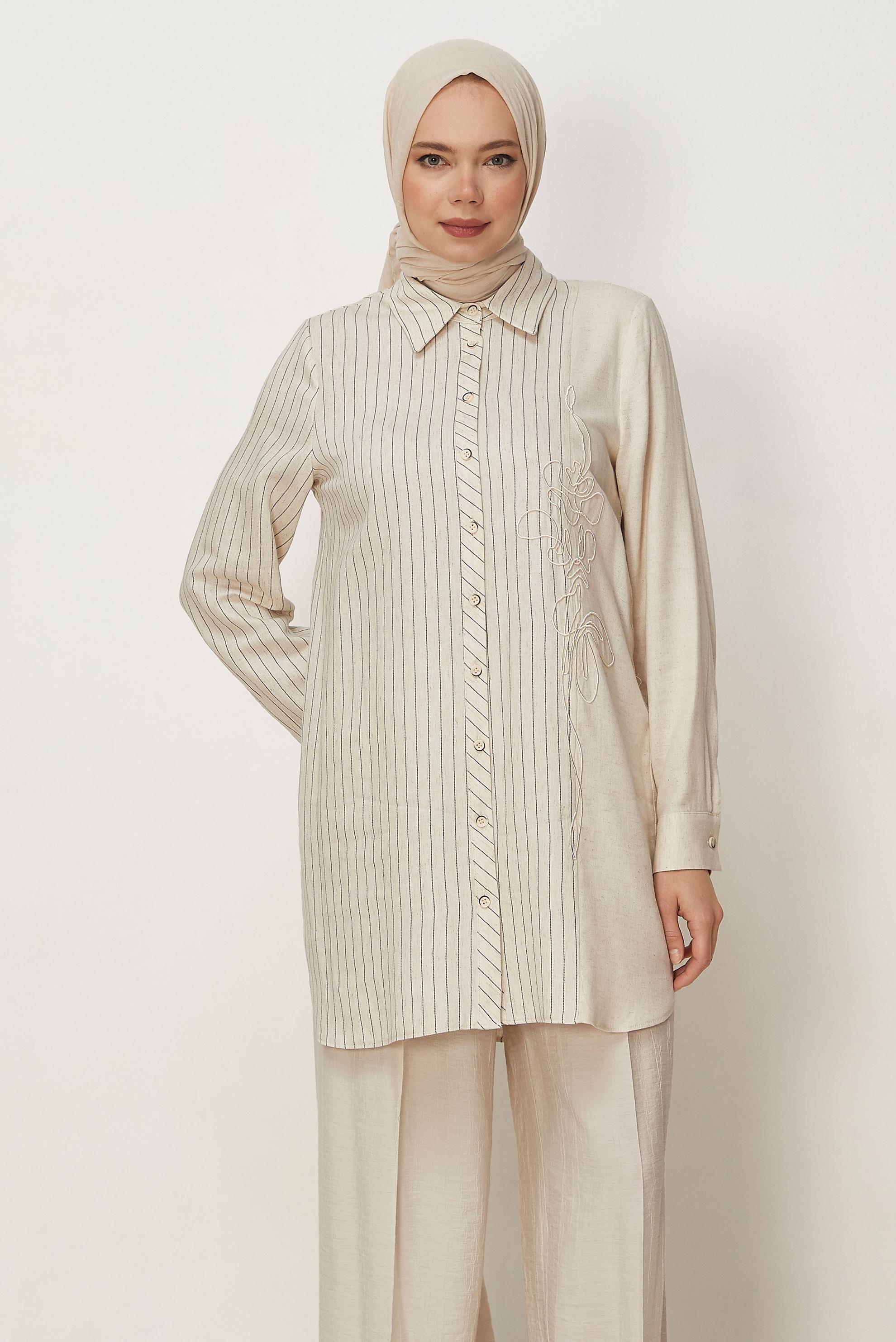 Hijab-Kleidung SCHWARZ LEINEN HEMDKRAGEN TUNIKA 46433