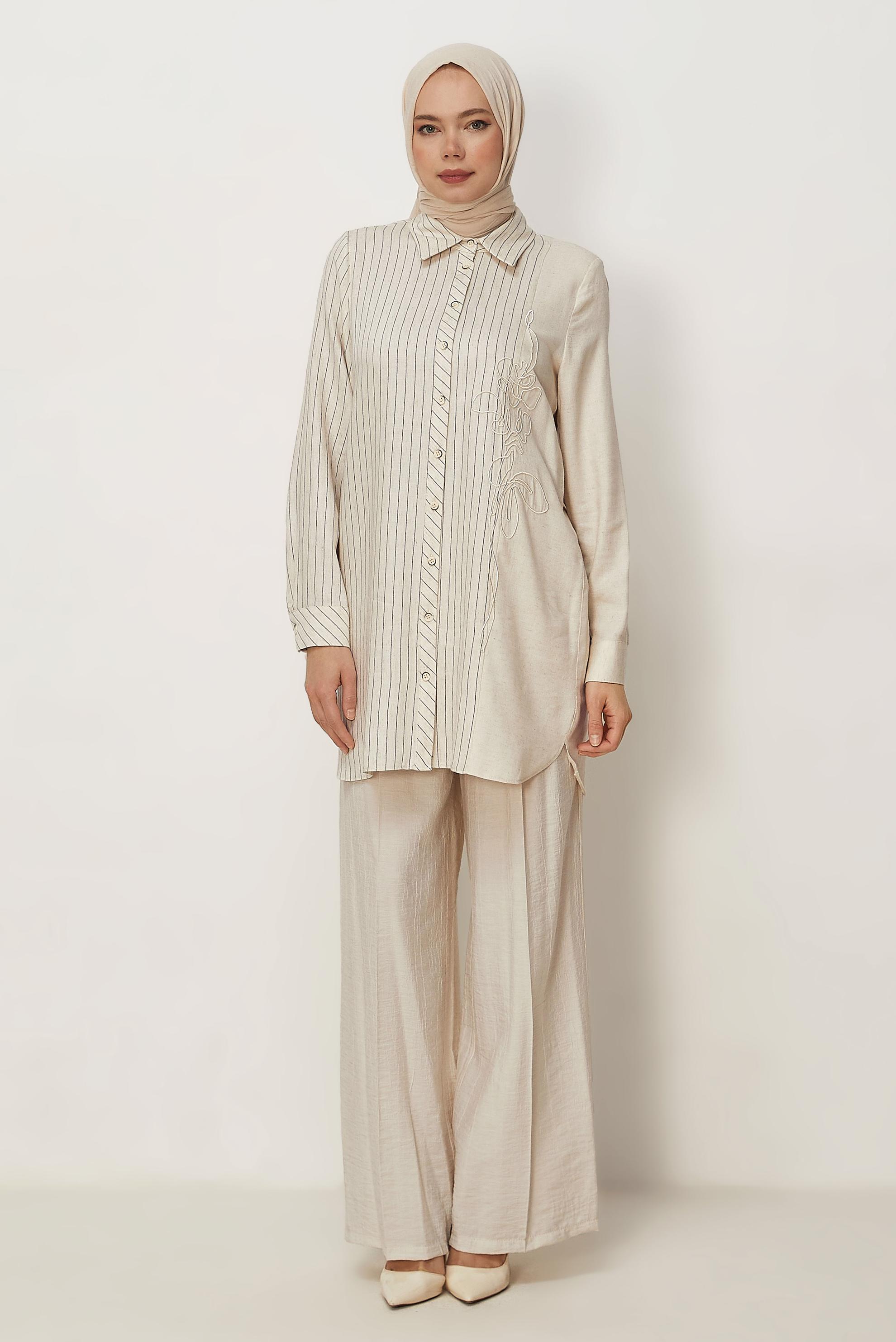 Hijab-Kleidung SCHWARZ LEINEN HEMDKRAGEN TUNIKA 46433