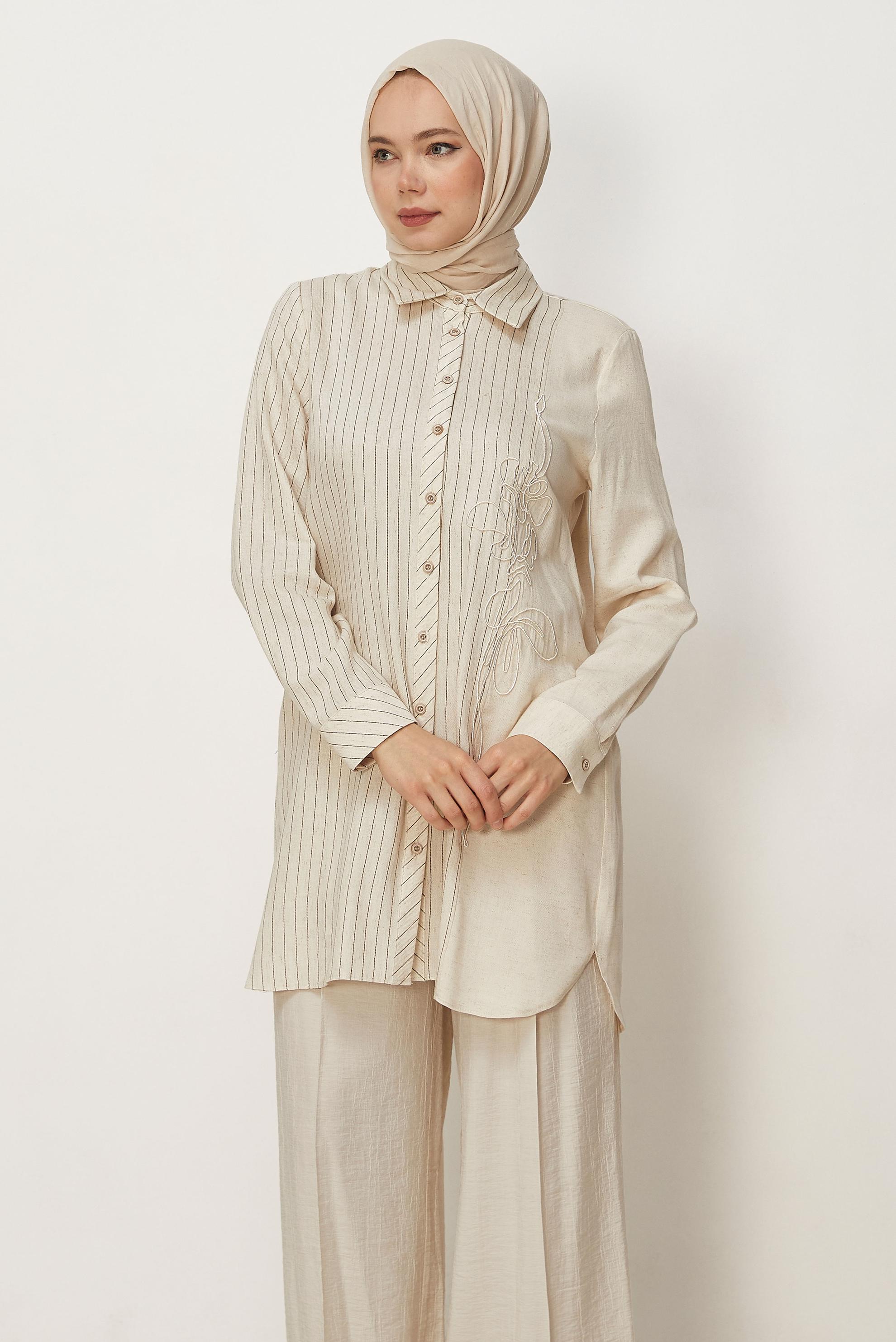 Hijab-Kleidung BRAUN LEINEN HEMDKRAGEN TUNIKA 46433