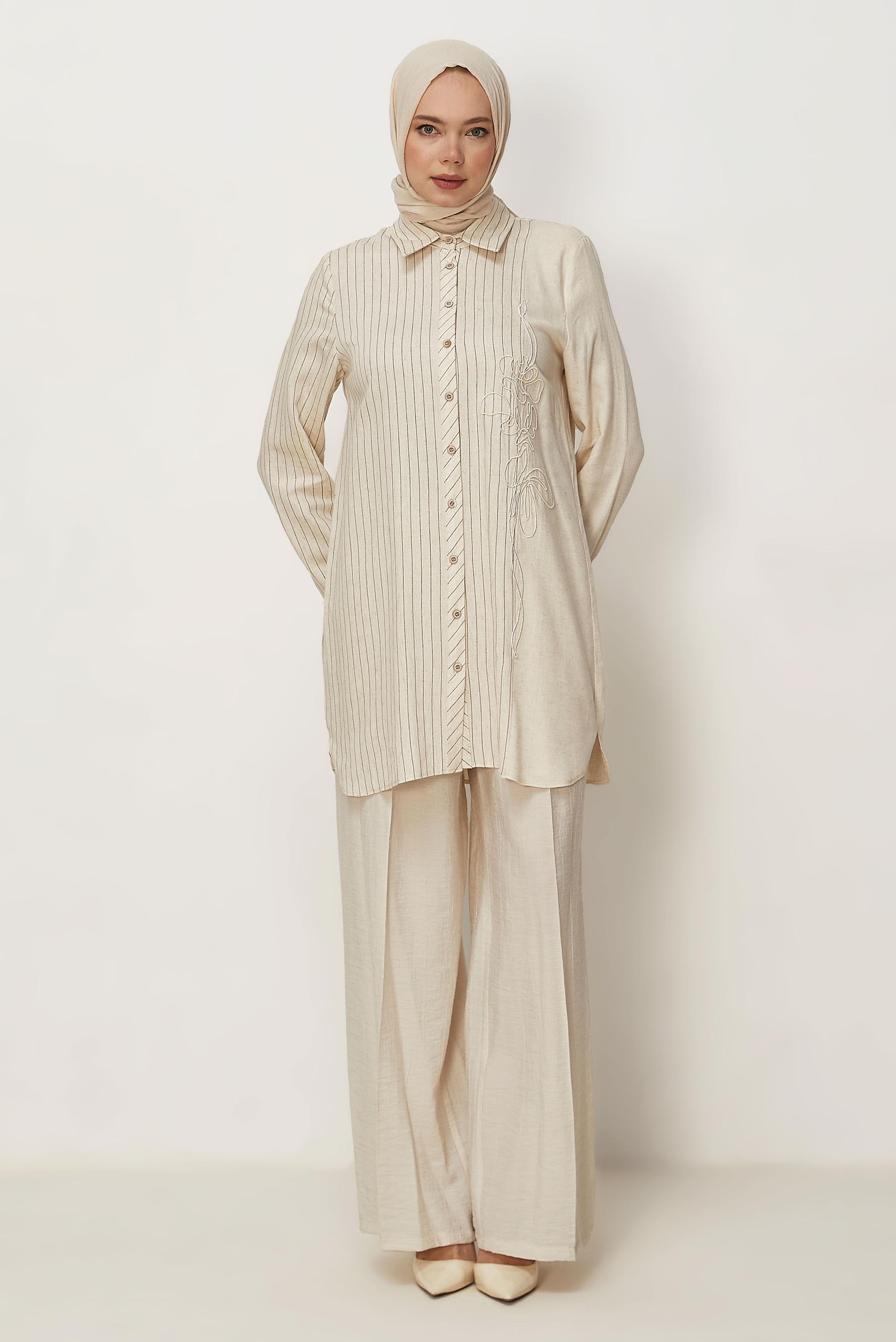 Hijab-Kleidung BRAUN LEINEN HEMDKRAGEN TUNIKA 46433