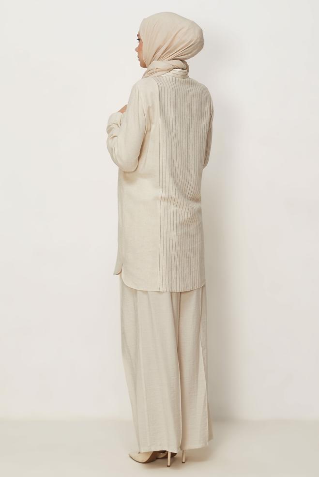 Hijab-Kleidung BRAUN LEINEN HEMDKRAGEN TUNIKA 46433 - ALVİNA