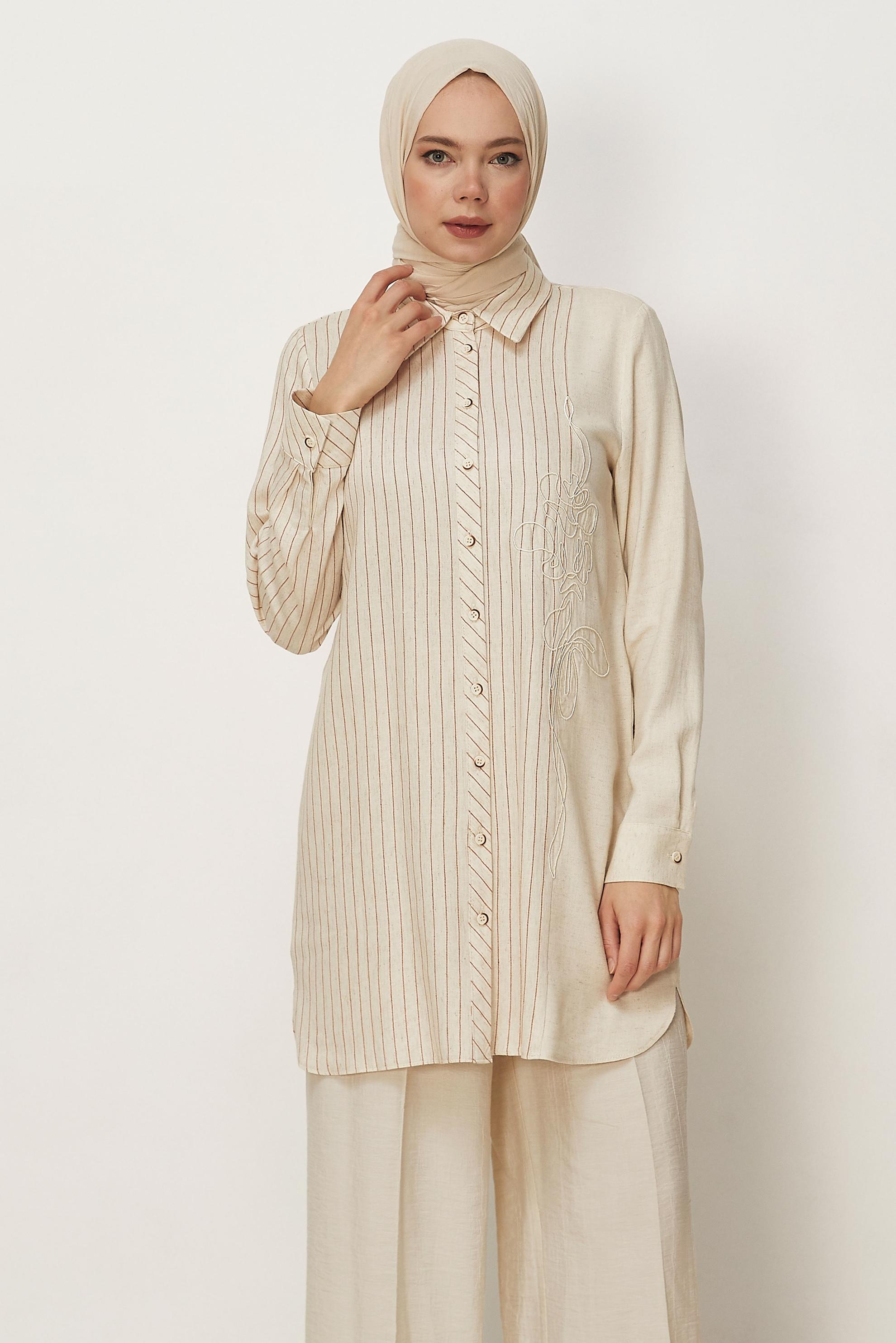 Hijab-Kleidung ORANGE LEINEN HEMDKRAGEN TUNIKA 46433