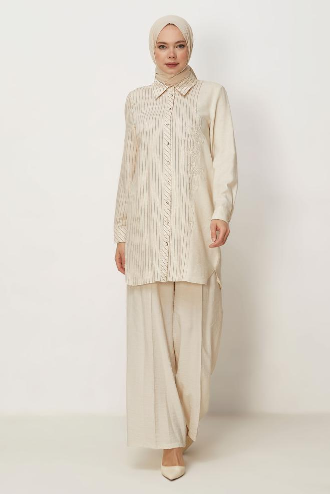 Hijab-Kleidung ORANGE LEINEN HEMDKRAGEN TUNIKA 46433 - ALVİNA