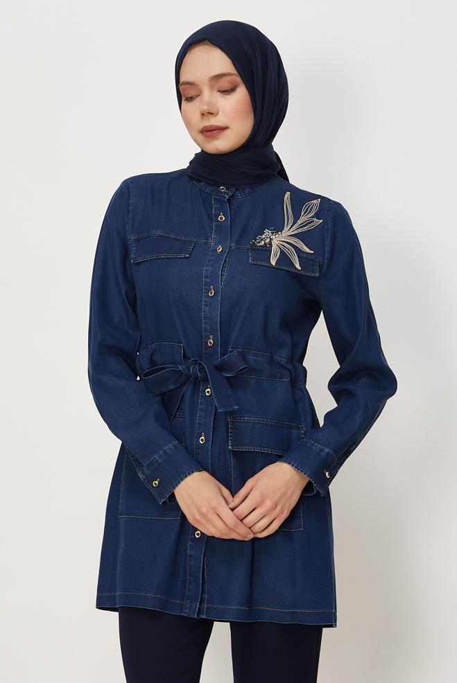Vêtements hijab BLEU MARINE TUNIQUE EN JEAN CEINTURÉE 46435 - ALVİNA