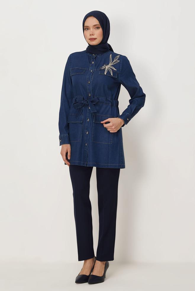 Vêtements hijab BLEU MARINE TUNIQUE EN JEAN CEINTURÉE 46435 - ALVİNA