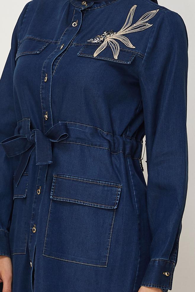Vêtements hijab BLEU MARINE TUNIQUE EN JEAN CEINTURÉE 46435 - ALVİNA
