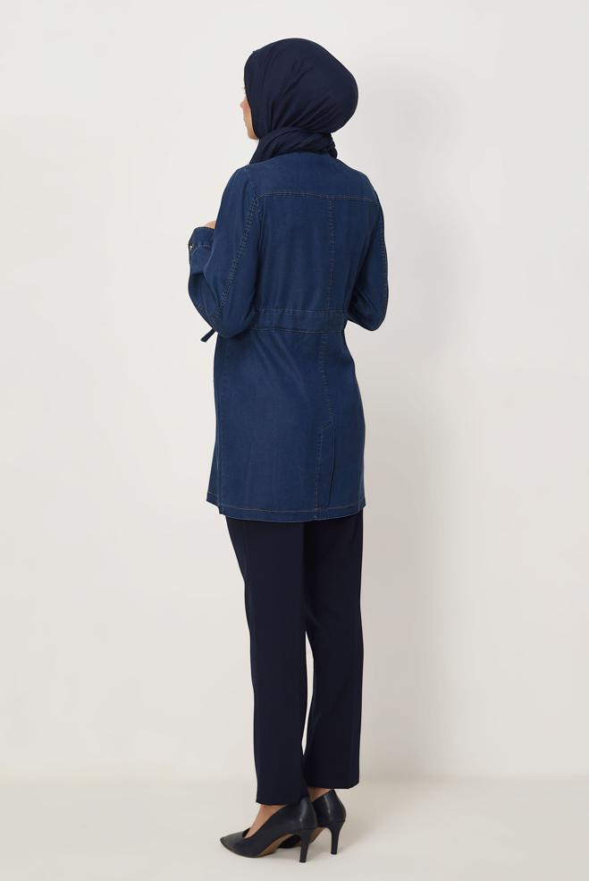 Vêtements hijab BLEU MARINE TUNIQUE EN JEAN CEINTURÉE 46435 - ALVİNA