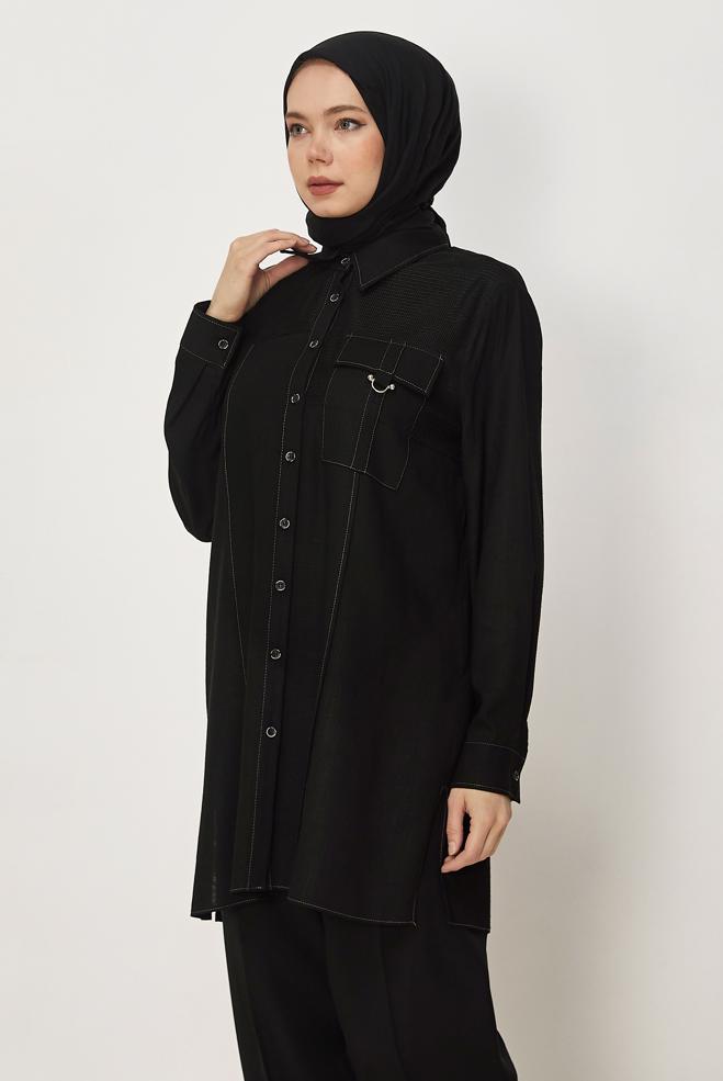 Hijab-Kleidung SCHWARZ LEINEN HEMDKRAGEN TUNIKA 46458 - ALVİNA