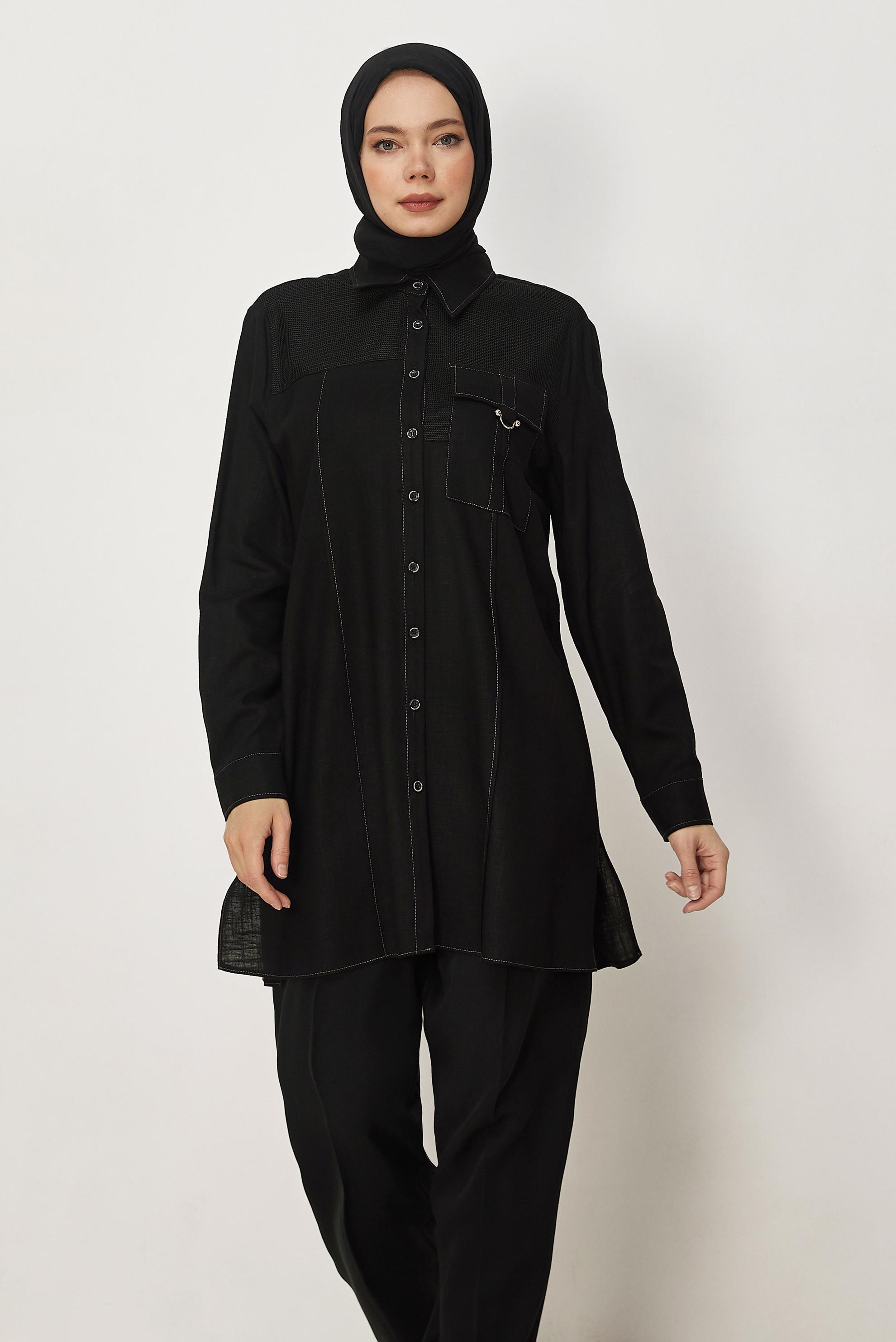 Hijab-Kleidung SCHWARZ LEINEN HEMDKRAGEN TUNIKA 46458