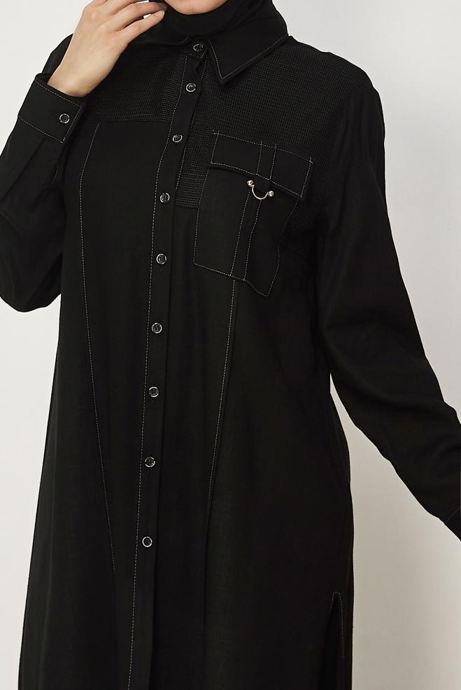 Hijab-Kleidung SCHWARZ LEINEN HEMDKRAGEN TUNIKA 46458 - ALVİNA