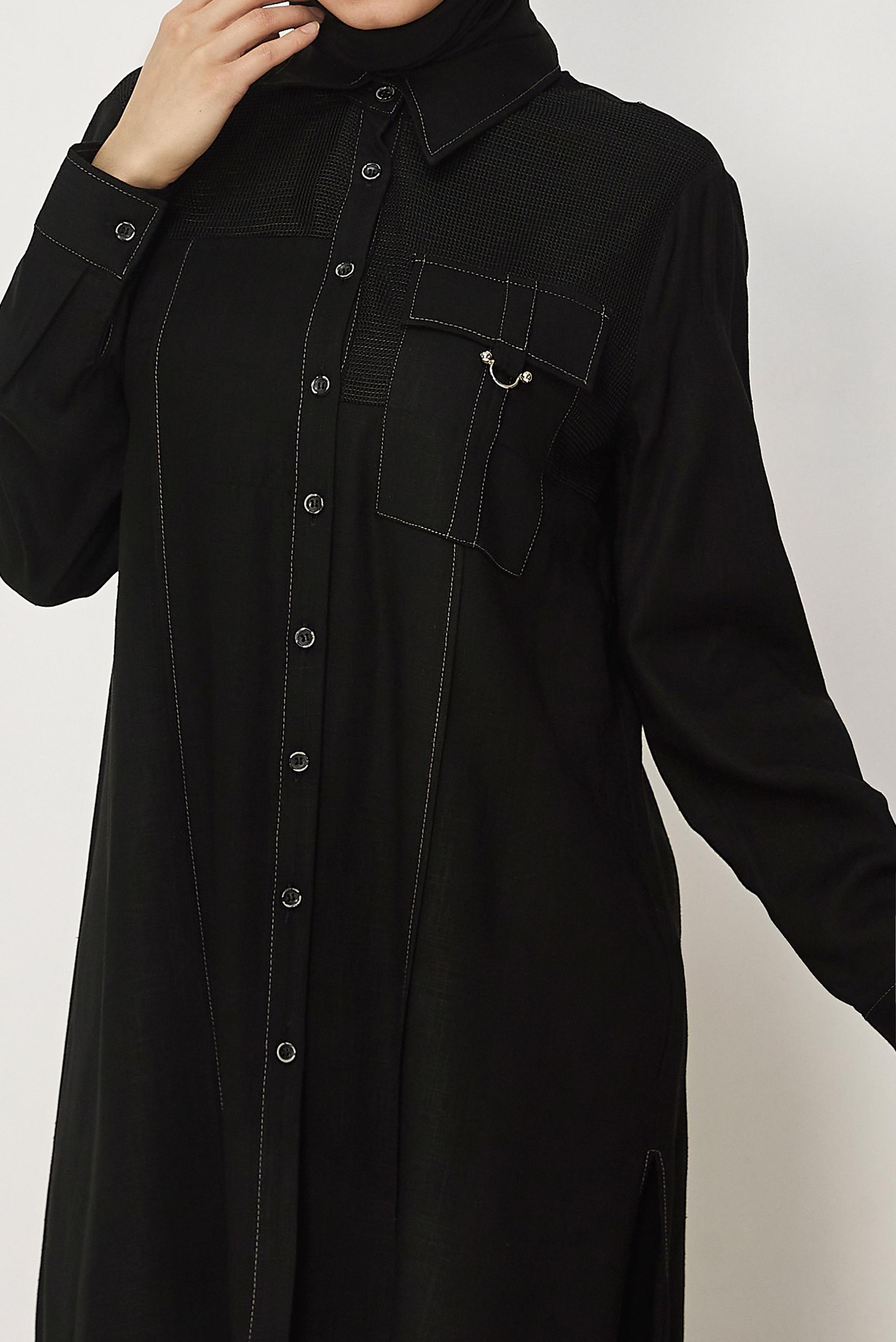 Hijab-Kleidung SCHWARZ LEINEN HEMDKRAGEN TUNIKA 46458