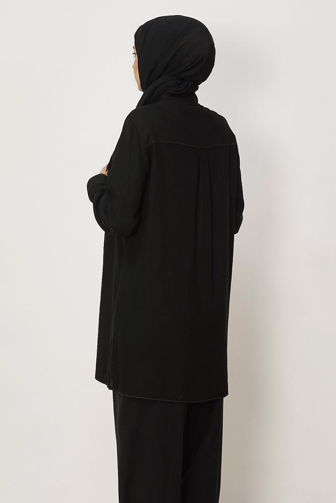 Hijab-Kleidung SCHWARZ LEINEN HEMDKRAGEN TUNIKA 46458 - ALVİNA