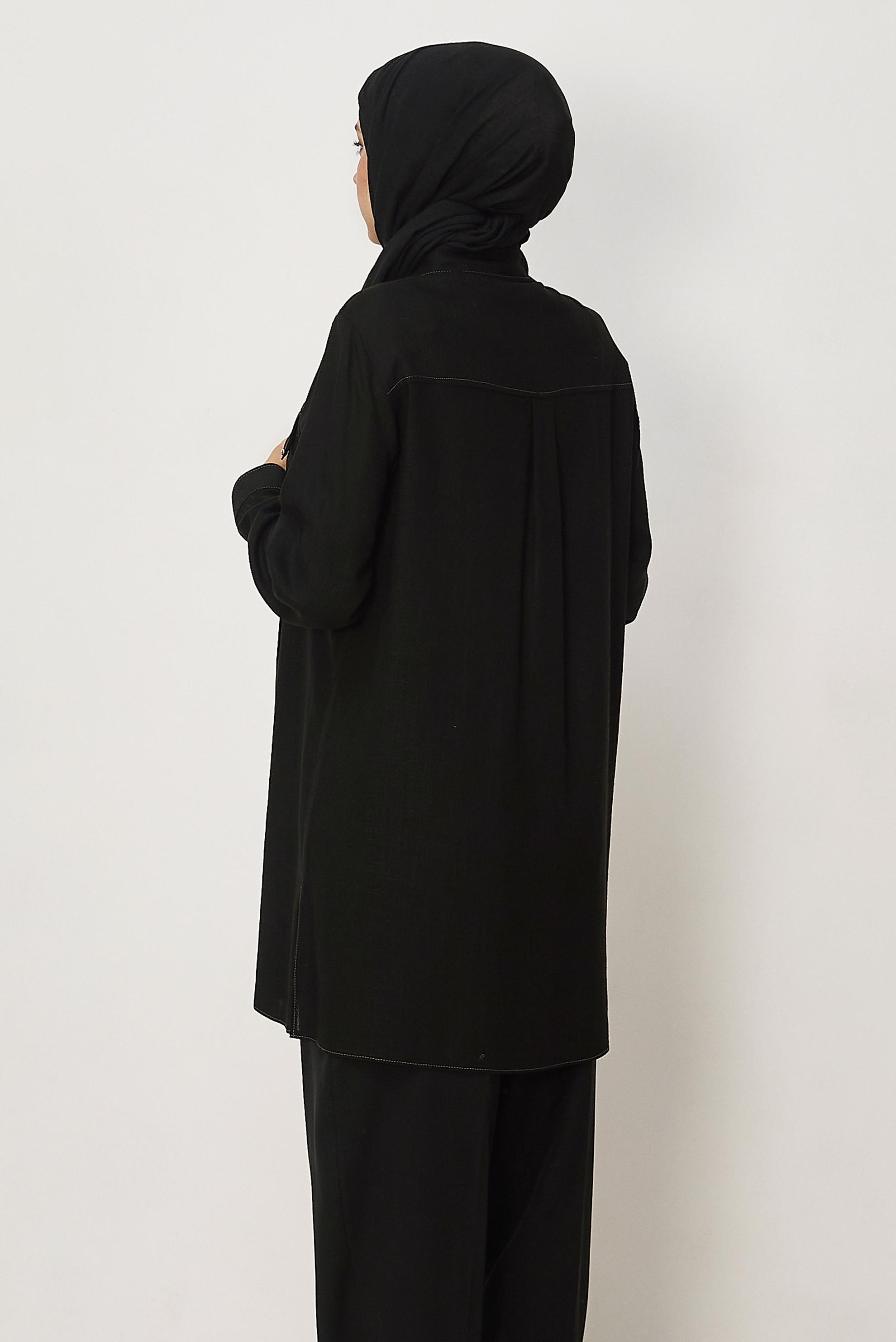 Hijab-Kleidung SCHWARZ LEINEN HEMDKRAGEN TUNIKA 46458