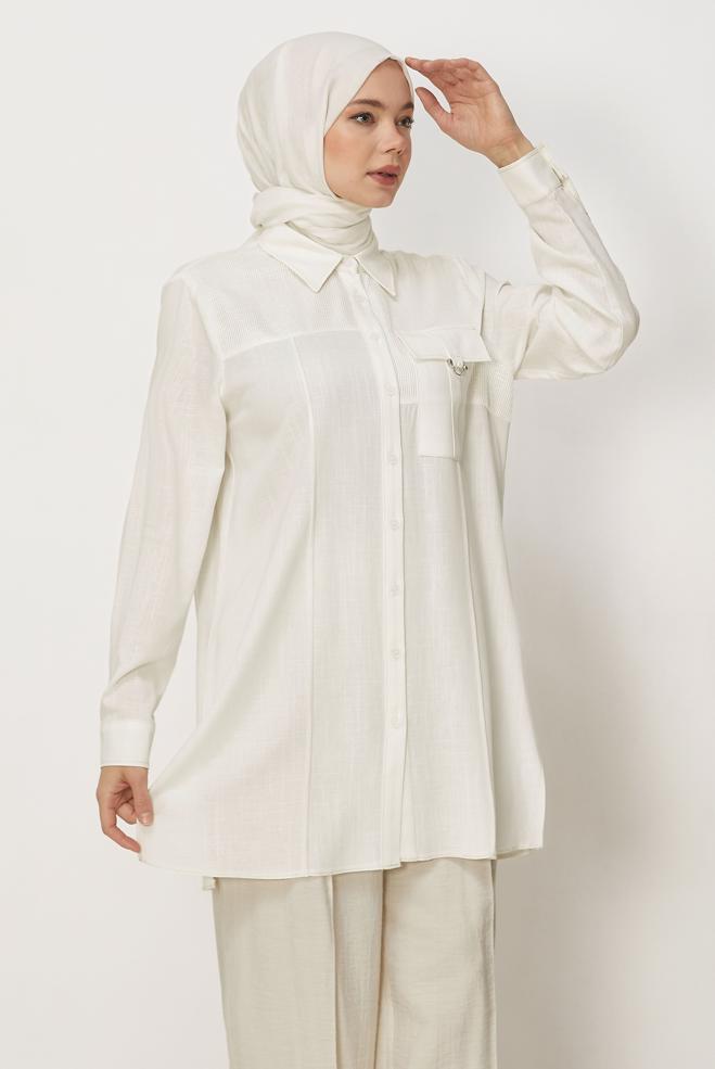 Hijab-Kleidung WEISS LEINEN HEMDKRAGEN TUNIKA 46458 - ALVİNA