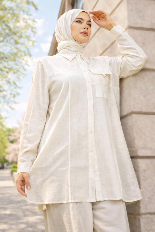 Tesettür giyim  KETEN GÖMLEK YAKA TUNİK 46458 - ALVİNA