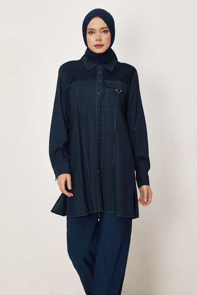 Hijab-Kleidung NAVY BLAU LEINEN HEMDKRAGEN TUNIKA 46458 - ALVİNA
