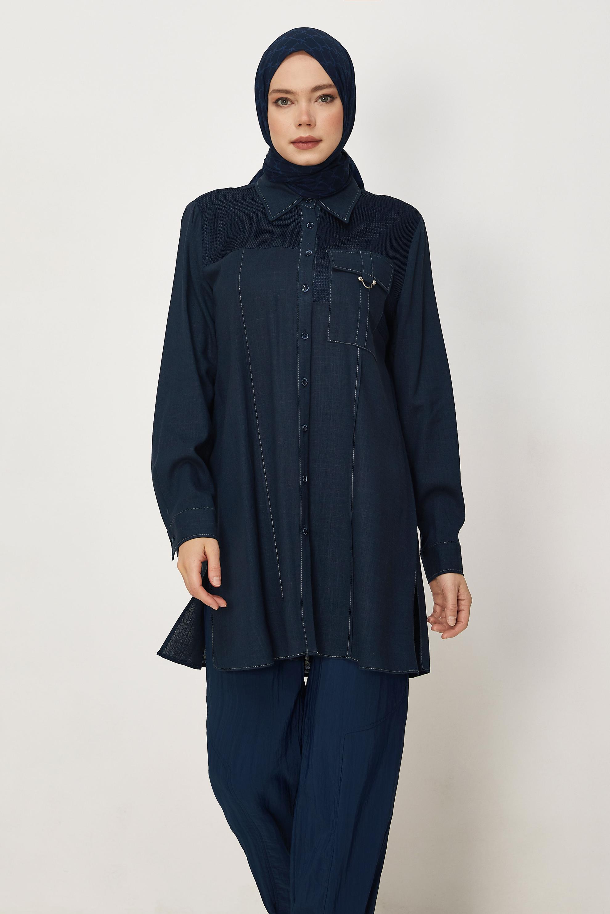 Hijab-Kleidung NAVY BLAU LEINEN HEMDKRAGEN TUNIKA 46458