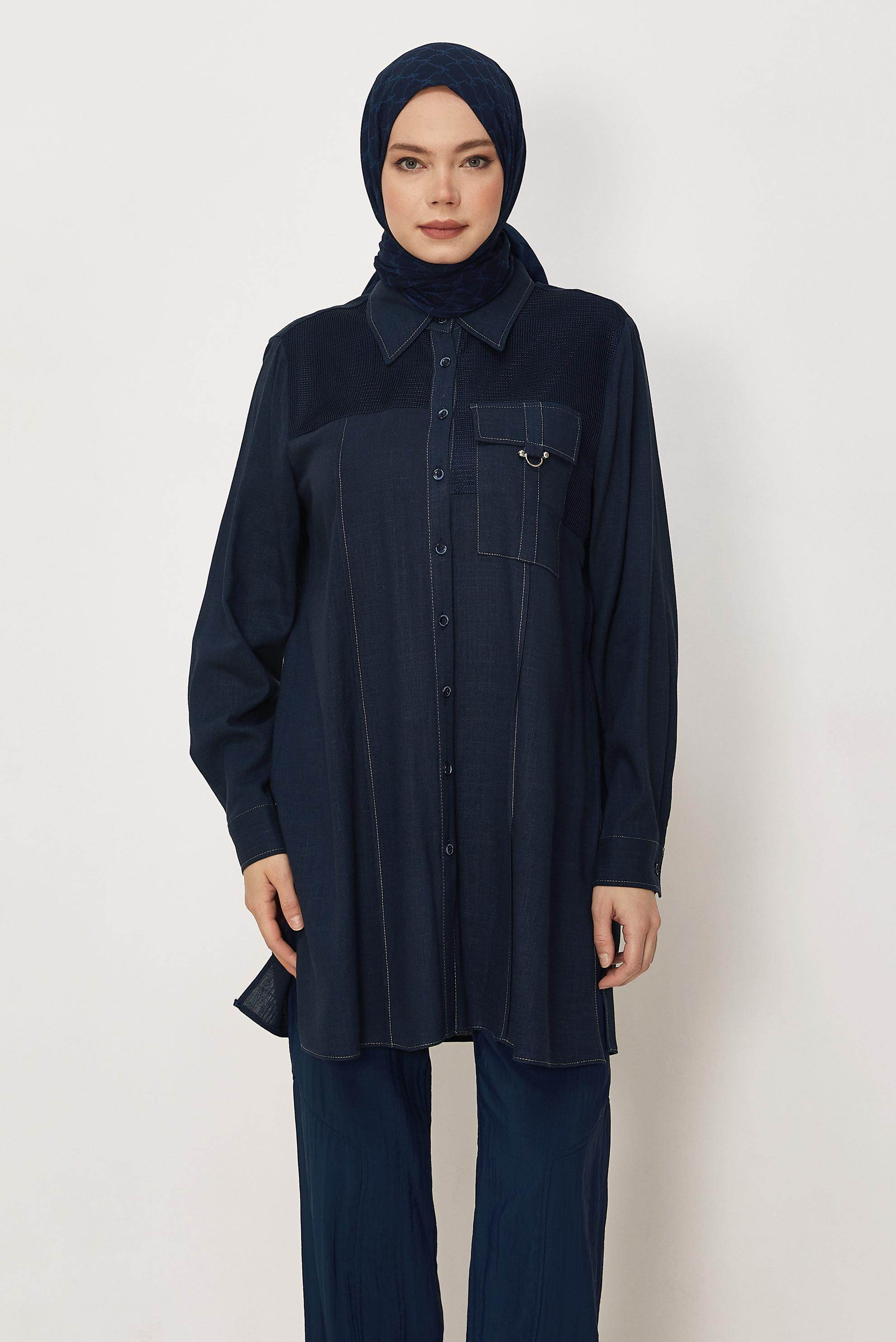 Hijab-Kleidung NAVY BLAU LEINEN HEMDKRAGEN TUNIKA 46458