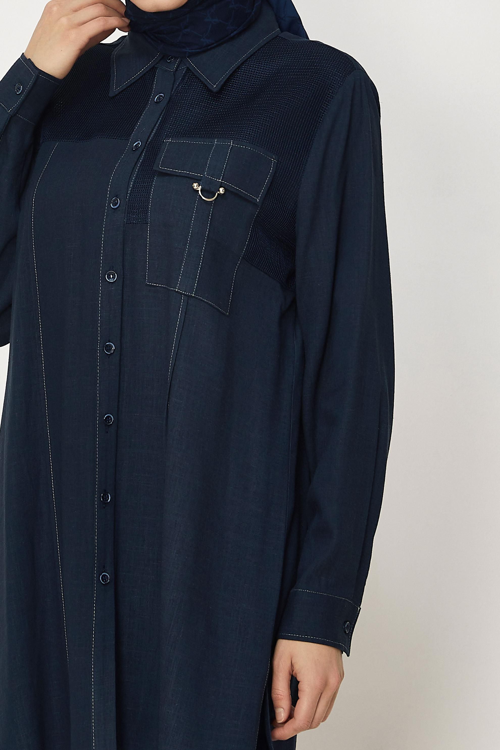 Hijab-Kleidung NAVY BLAU LEINEN HEMDKRAGEN TUNIKA 46458