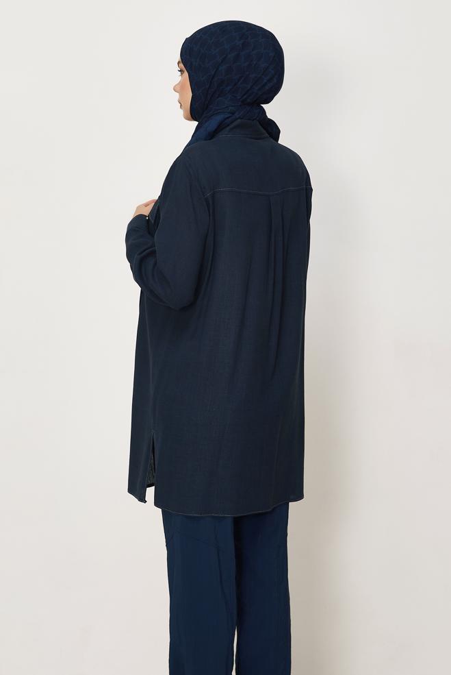 Hijab-Kleidung NAVY BLAU LEINEN HEMDKRAGEN TUNIKA 46458 - ALVİNA