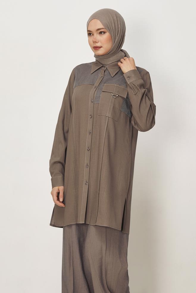 Hijab-Kleidung NERZ LEINEN HEMDKRAGEN TUNIKA 46458 - ALVİNA
