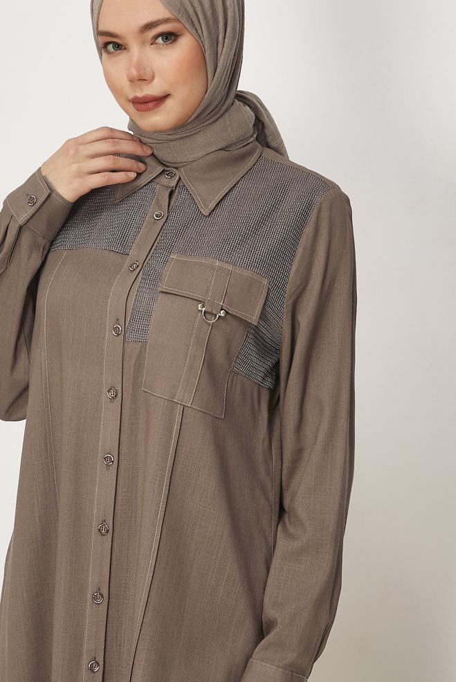 Hijab-Kleidung NERZ LEINEN HEMDKRAGEN TUNIKA 46458 - ALVİNA