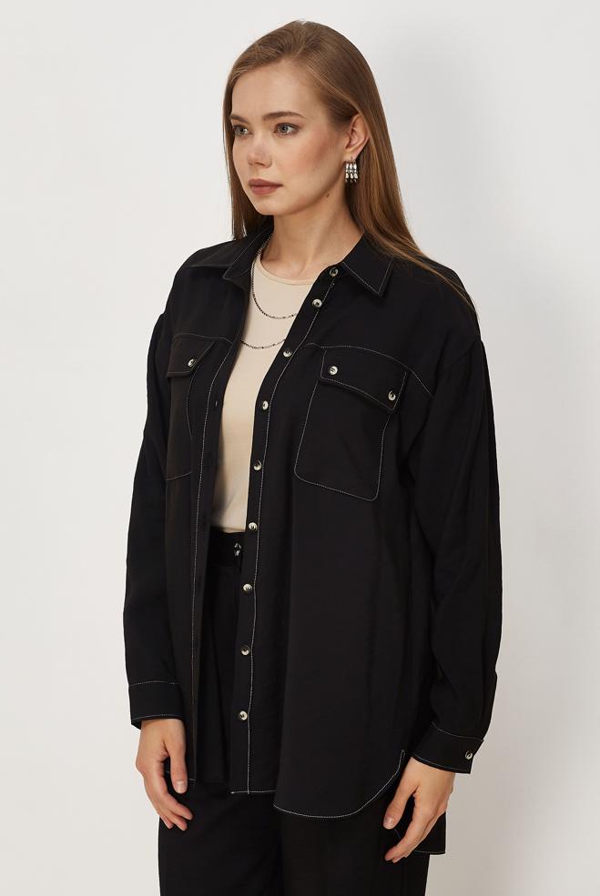 Hijab clothing BLACK SHIRT COLLAR MODAL TUNIC 46464 - ALVİNA