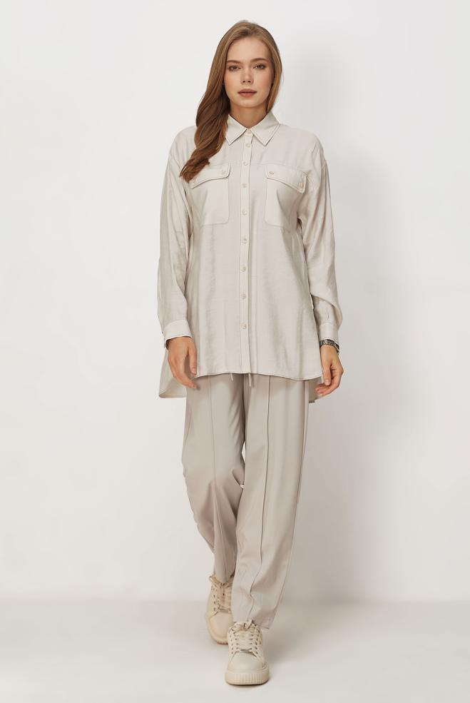 Hijab clothing BEIGE SHIRT COLLAR MODAL TUNIC 46464 - ALVİNA