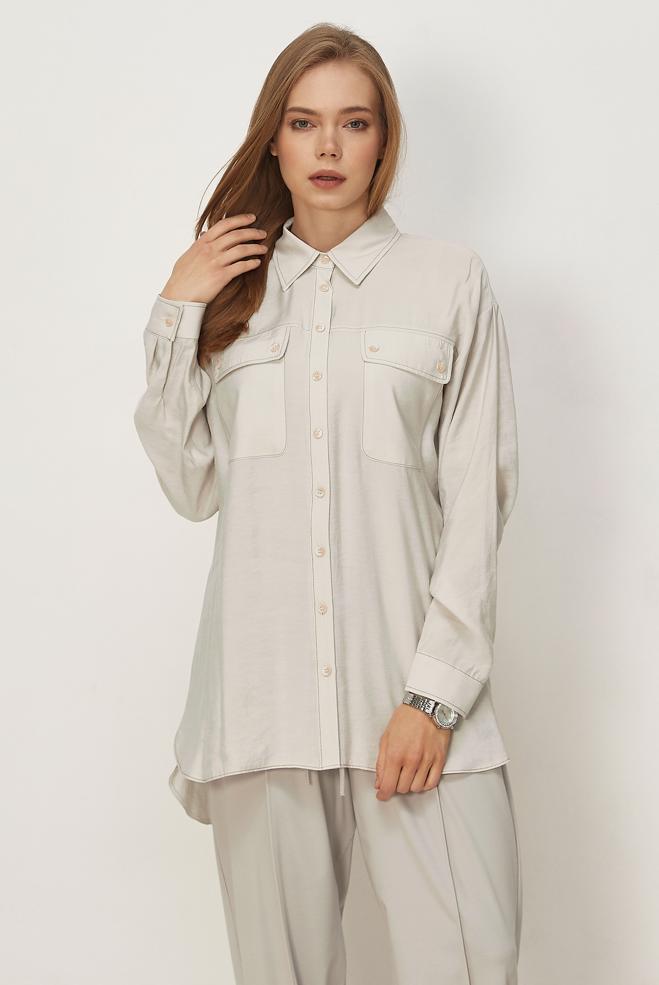 Hijab clothing BEIGE SHIRT COLLAR MODAL TUNIC 46464 - ALVİNA