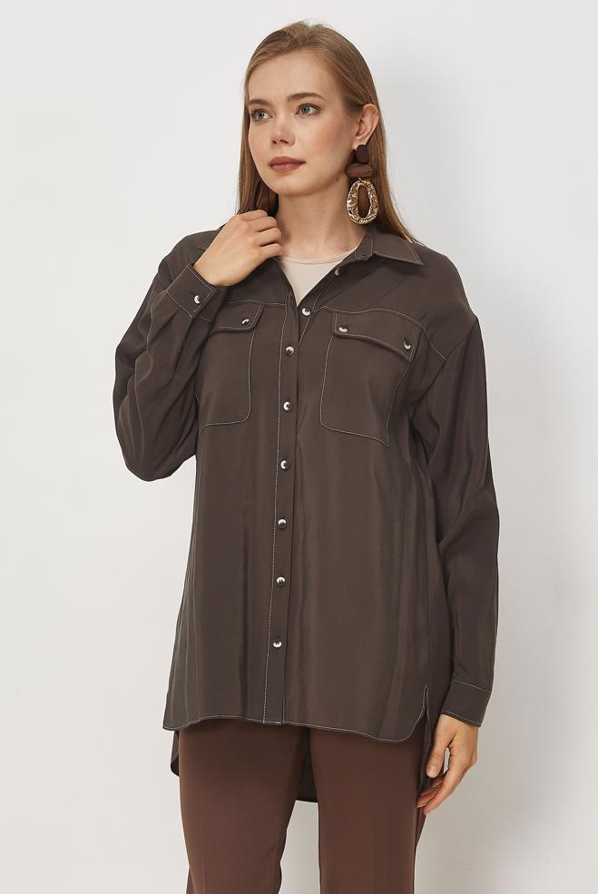 Hijab clothing BROWN SHIRT COLLAR MODAL TUNIC 46464 - ALVİNA
