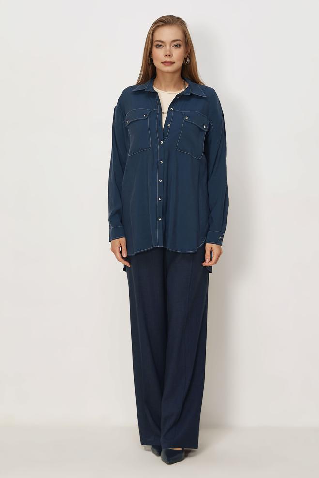 Hijab clothing NAVY BLUE SHIRT COLLAR MODAL TUNIC 46464 - ALVİNA