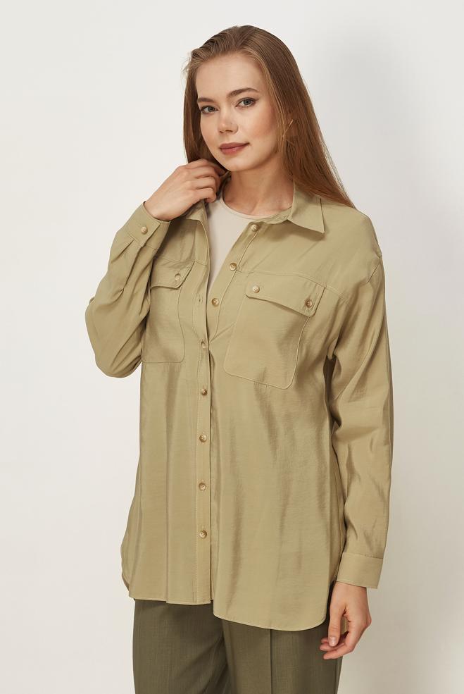 Hijab clothing BEIGE SHIRT COLLAR MODAL TUNIC 46464 - ALVİNA
