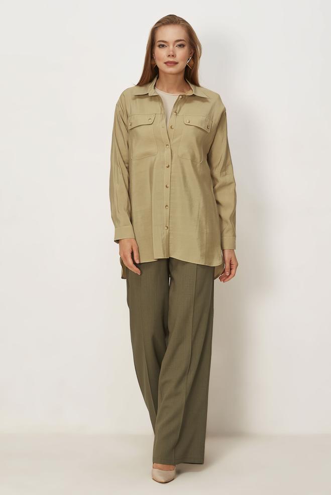 Hijab clothing BEIGE SHIRT COLLAR MODAL TUNIC 46464 - ALVİNA