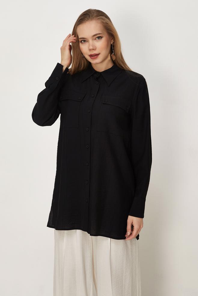 Hijab-Kleidung SCHWARZ HEMDKRAGEN TUNIKA 46465 - ALVİNA