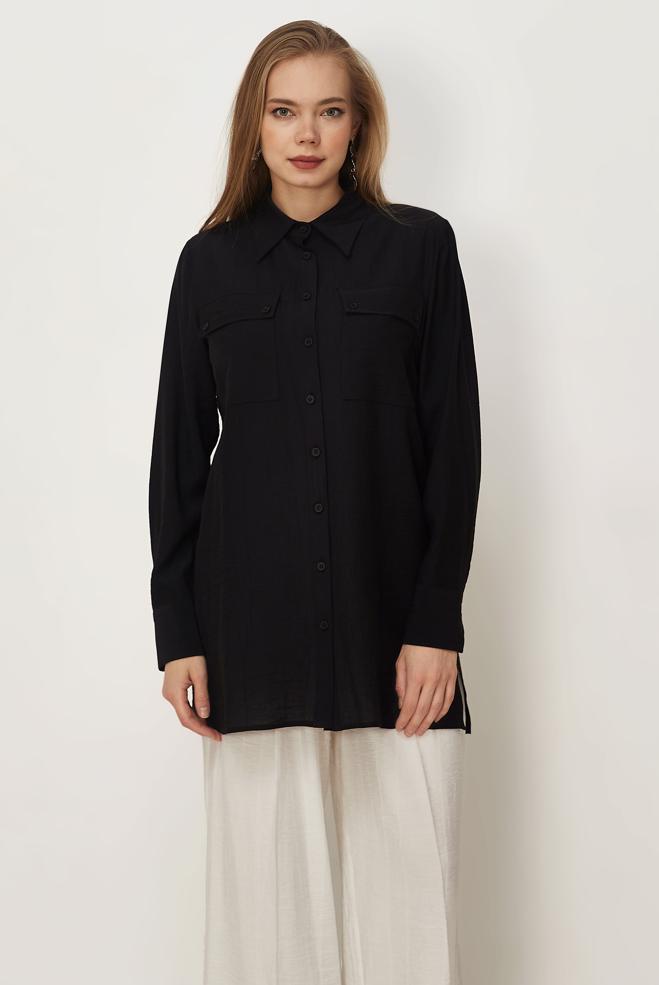 Hijab-Kleidung SCHWARZ HEMDKRAGEN TUNIKA 46465 - ALVİNA