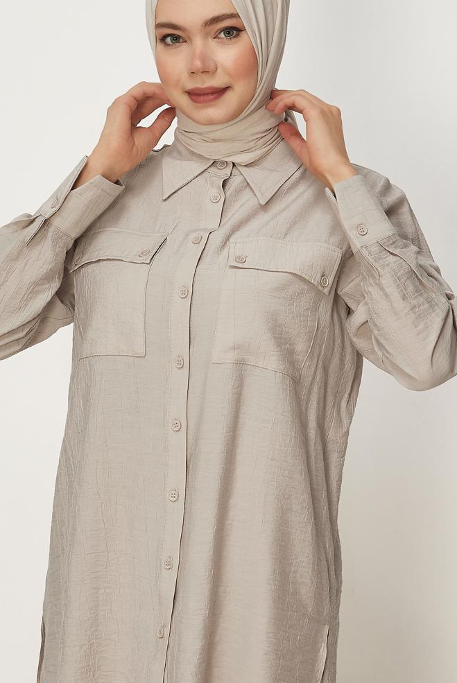 Hijab-Kleidung BEIGE HEMDKRAGEN TUNIKA 46465 - ALVİNA