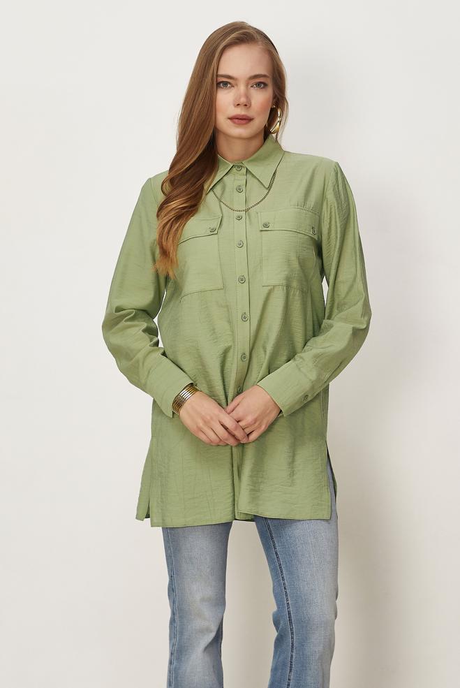 Hijab-Kleidung GRÜN HEMDKRAGEN TUNIKA 46465 - ALVİNA