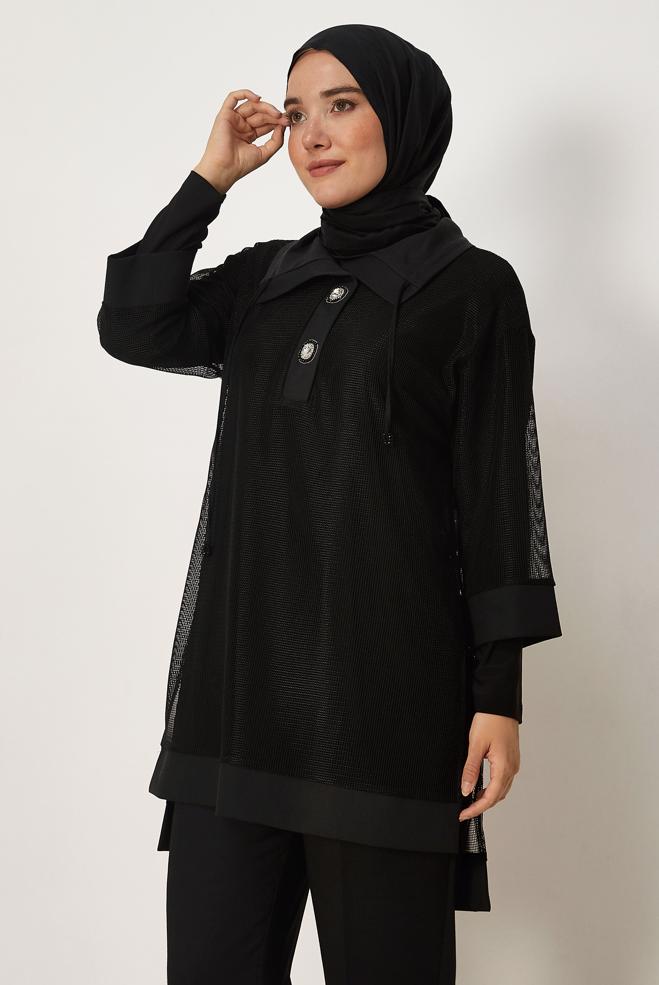 Tesettür giyim SİYAH FİLE DETAYLI TUNİK VE BLUZ 46466 - ALVİNA