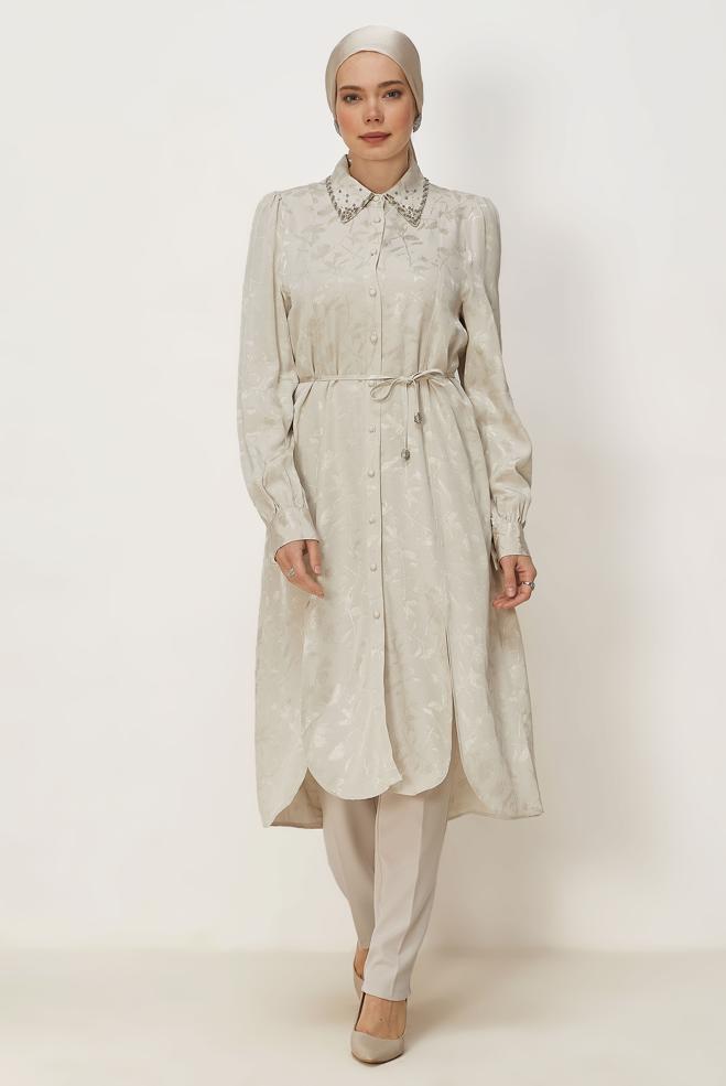 Hijab clothing BEIGE BELTED JACQUARD TUNIC 46508 - ALVİNA