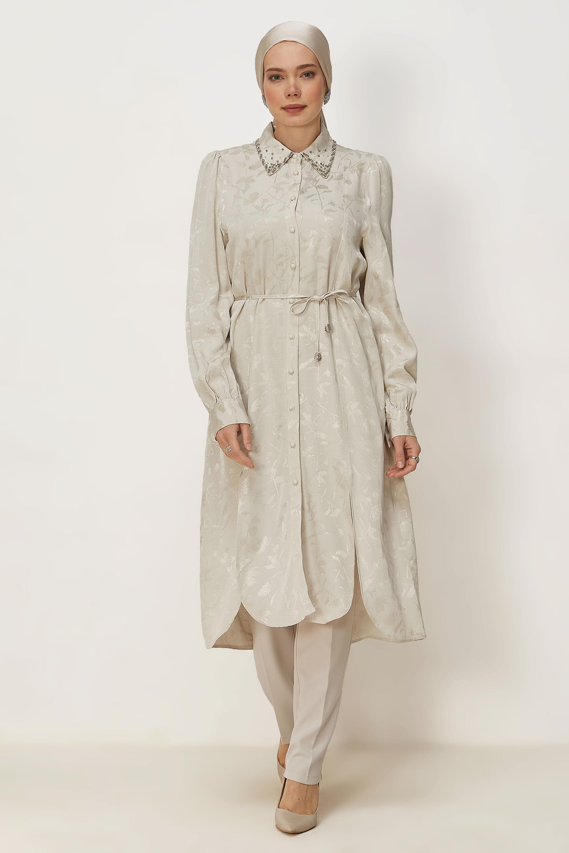 Hijab clothing BEIGE BELTED JACQUARD TUNIC 46508